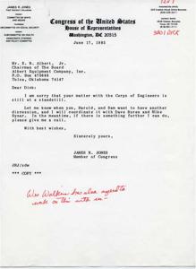 Correspondence from Congressman James R. Jones in reply to E. R. Albert Jr., 1985-06-17